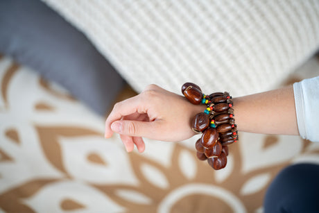 MEINL Sonic Energy Pala bracelet SPB with brown seed shells, on a wrist