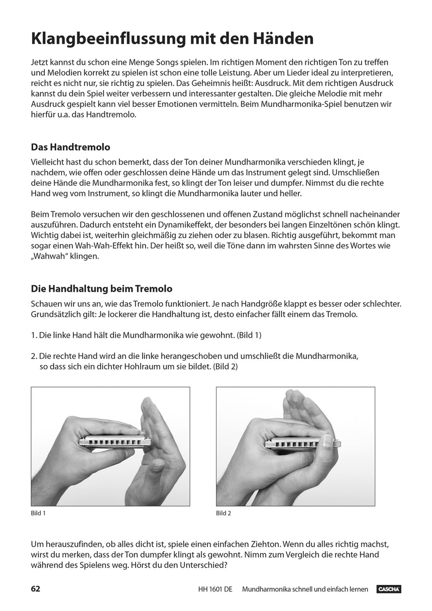CASCHA Mundharmonika-Lehrbuch HH1601DE, Handhaltung beim Tremolo, Seite 62
