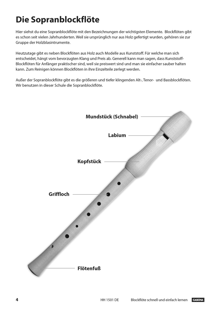 Méthode CASCHA HH1501DE pour flûte à bec, édition allemande, éléments de la flûte à bec soprano, page 4