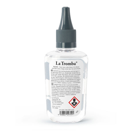 Huile pour pistons La Tromba Fast Oil, dos du flacon de 63 ml.