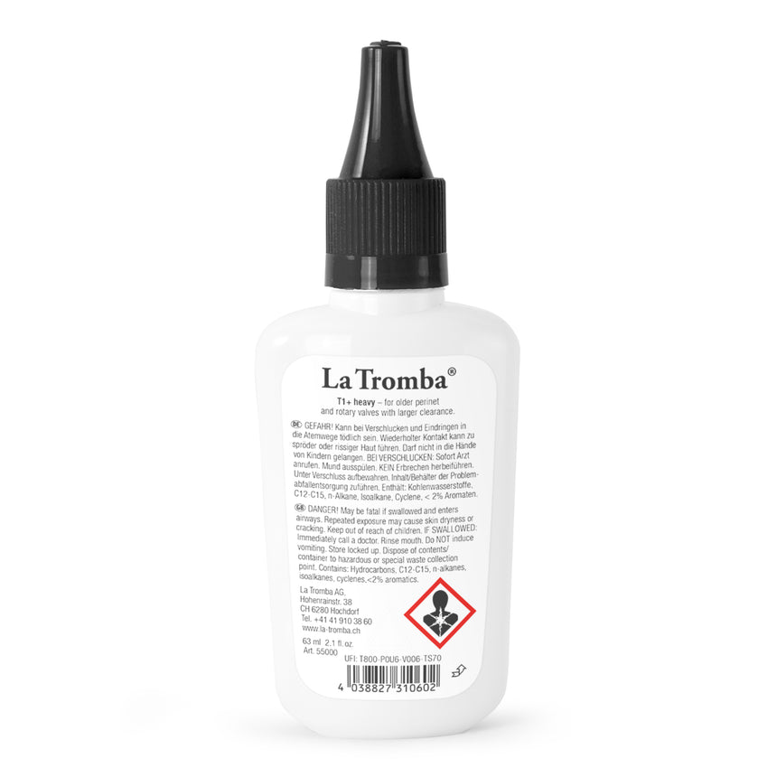 La Tromba T1+ Ventilöl Extra Heavy, Rückseite der 63-ml-Flasche.