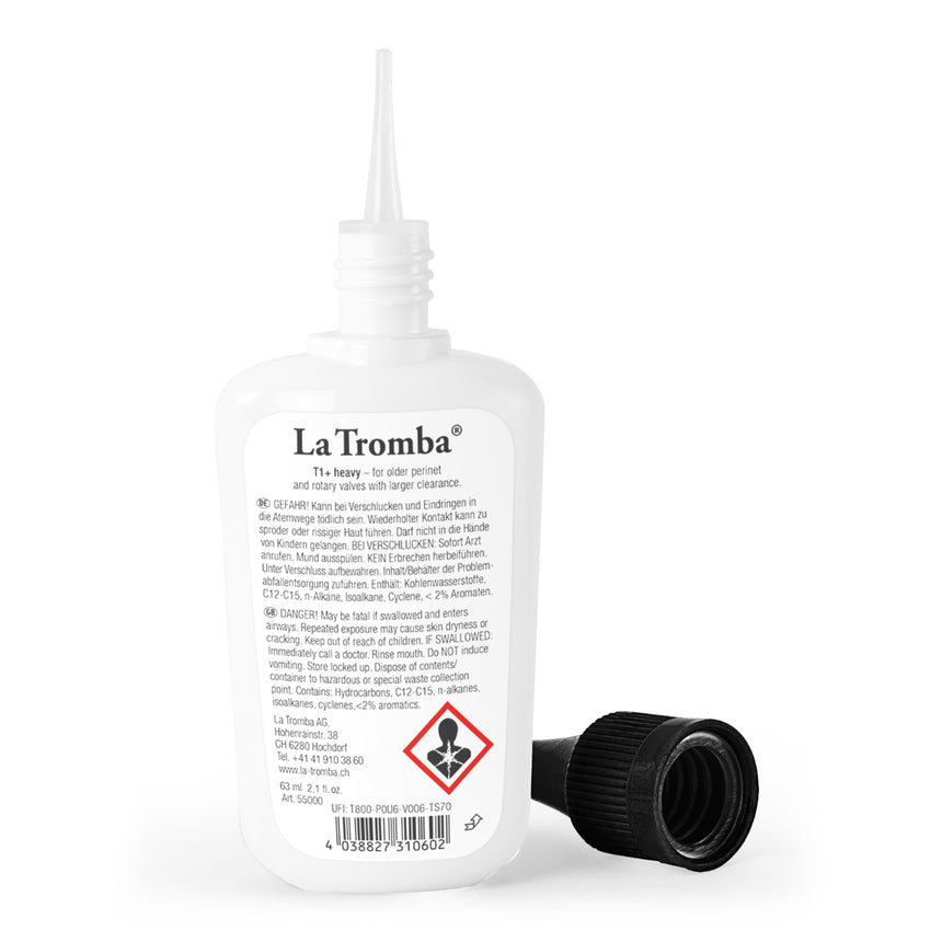 La Tromba T1+ Ventilöl Extra Heavy, 63-ml-Flasche mit geöffneter Dosierspitze.