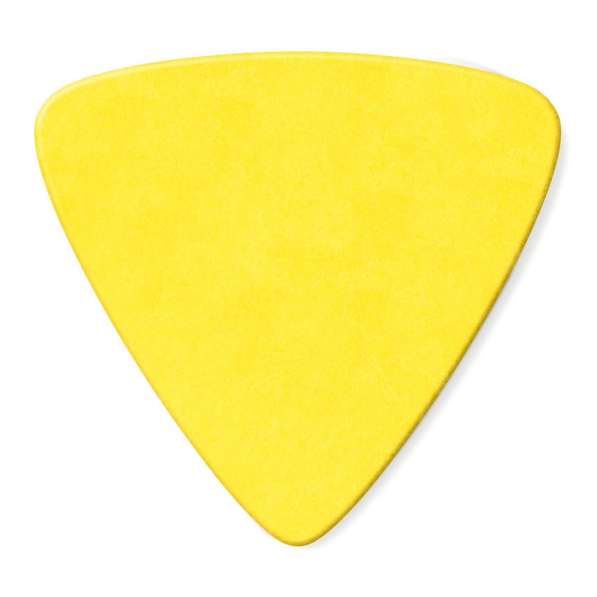 Unbedruckte Rückseite eines gelben Dunlop Tortex Triangle Plektrums, 0,73 mm