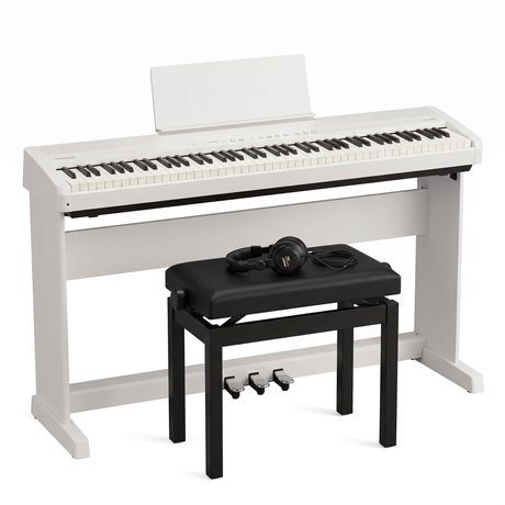 Roland FP-40 pack piano numérique blanc avec stand, pédalier, banquette & casque – photo du set